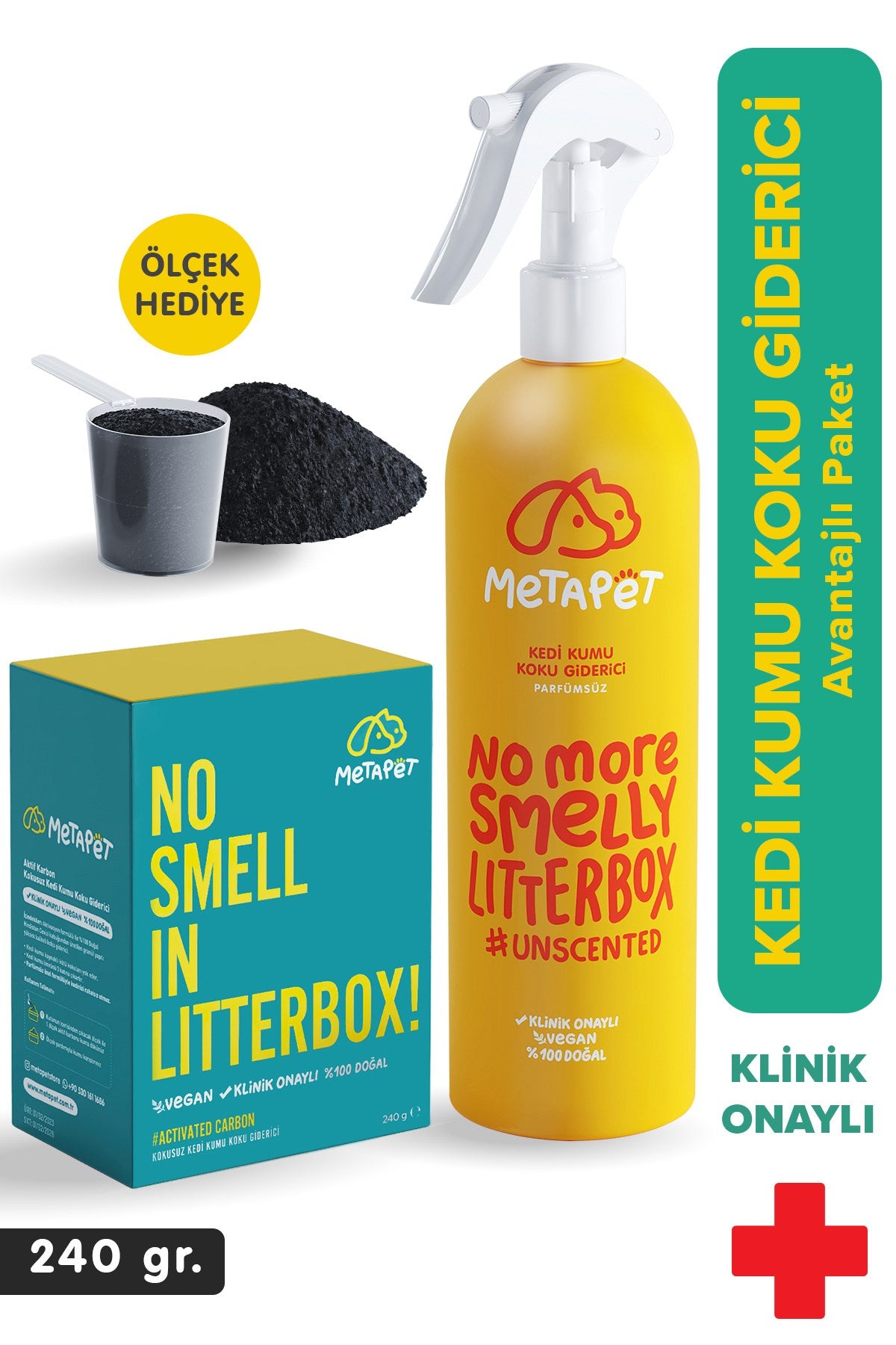 Kedi Kumu Koku Giderici Set, Kokusuz Kedi Kumu için Aktif Karbon (240 gr) ve Özel Parfümsüz Sprey