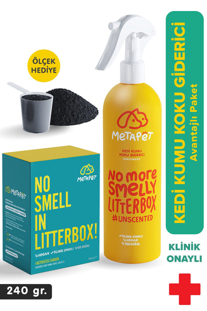 Kedi Kumu Koku Giderici Set, Kokusuz Kedi Kumu için Aktif Karbon (240 gr) ve Özel Parfümsüz Sprey