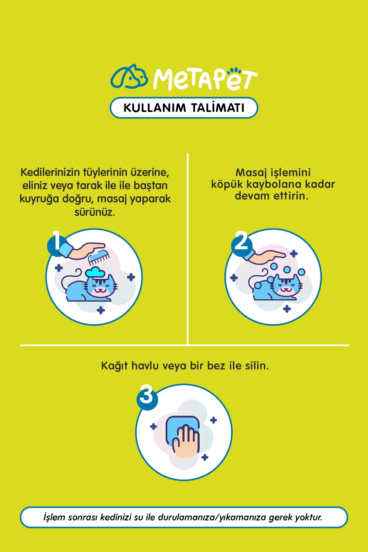 Su kullanmadan temizlik sağlayan durulanmayan kedi kuru şampuan