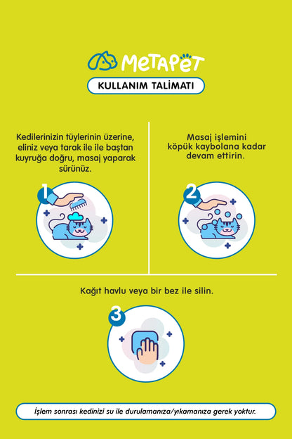 Su kullanmadan temizlik sağlayan durulanmayan kedi kuru şampuan