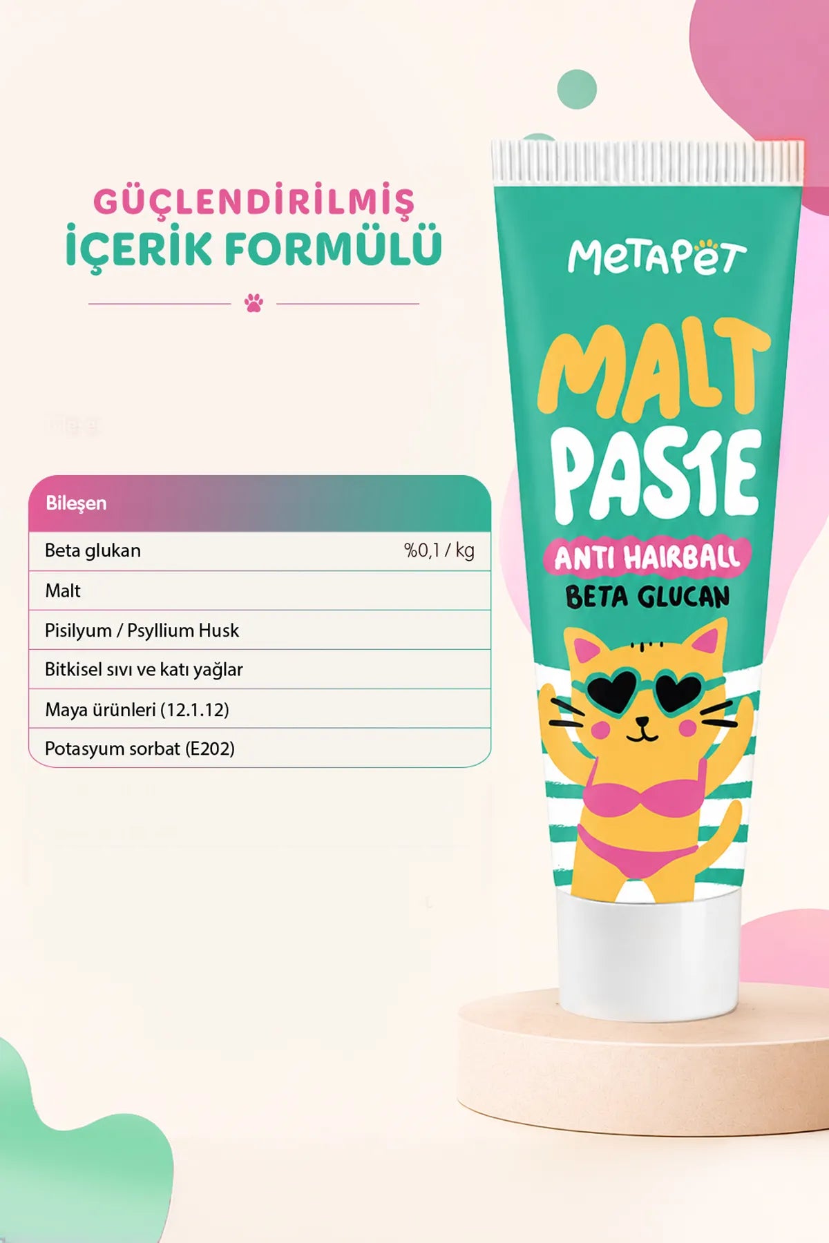 Malt, psyllium ve beta glukan içeren kedi macunu