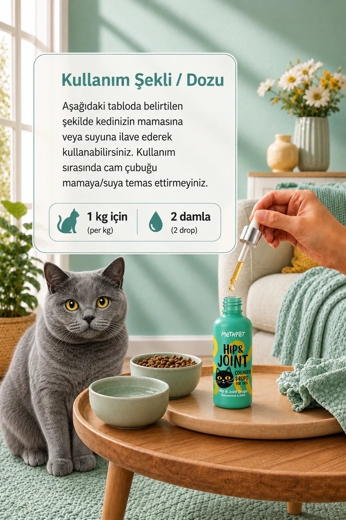 Glukozamin içeren kedi eklem destekleyici damla