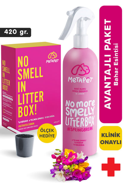 Kedi Kumu Koku Giderici Set, Kokusuz Kedi Kumu için Aktif Karbon (240 gr) ve Bahar Kokulu Sprey