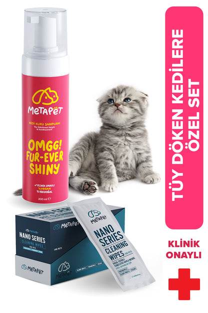 Özel Set - Tüy Döken Kediler Için Kuru Bakım Şampuanı Ve Nano Series Havlu E Vitamini Ve Doğal